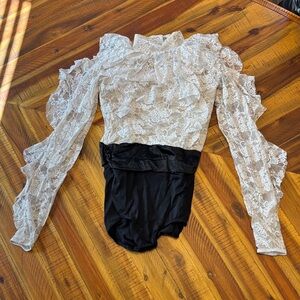 Elegant Lace Ruffle Top leotard. Off White and Black